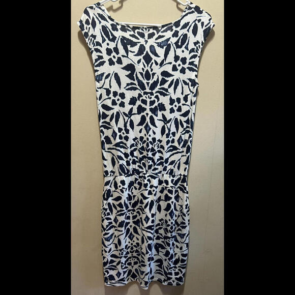 Ann Taylor Knit Dress XS Midi Ivory Navy Flower Print EUC - Picture 2 of 4